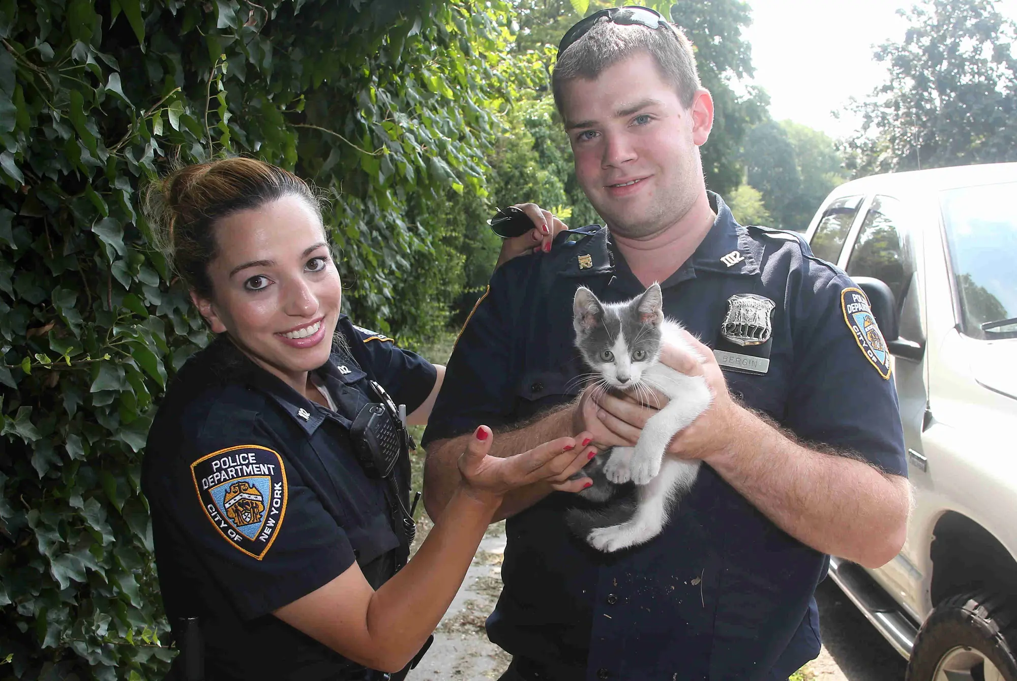 A police officer rescues a kitten from a car engine and decides to adopt him, granting him a forever home filled with love and care. - Lillise