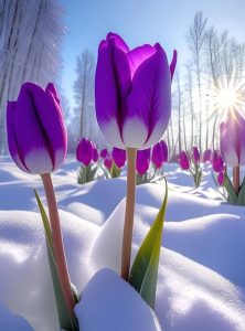Amidst the sun’s gentle embrace, the snow-kissed tulip blossoms exude a resplendent beauty that capt