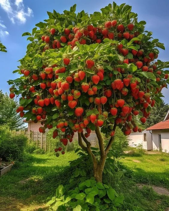 Astounded bƴ the Enormous Strawberrƴ Tree Burstıng wıth Vıbrant Red Fruıts -