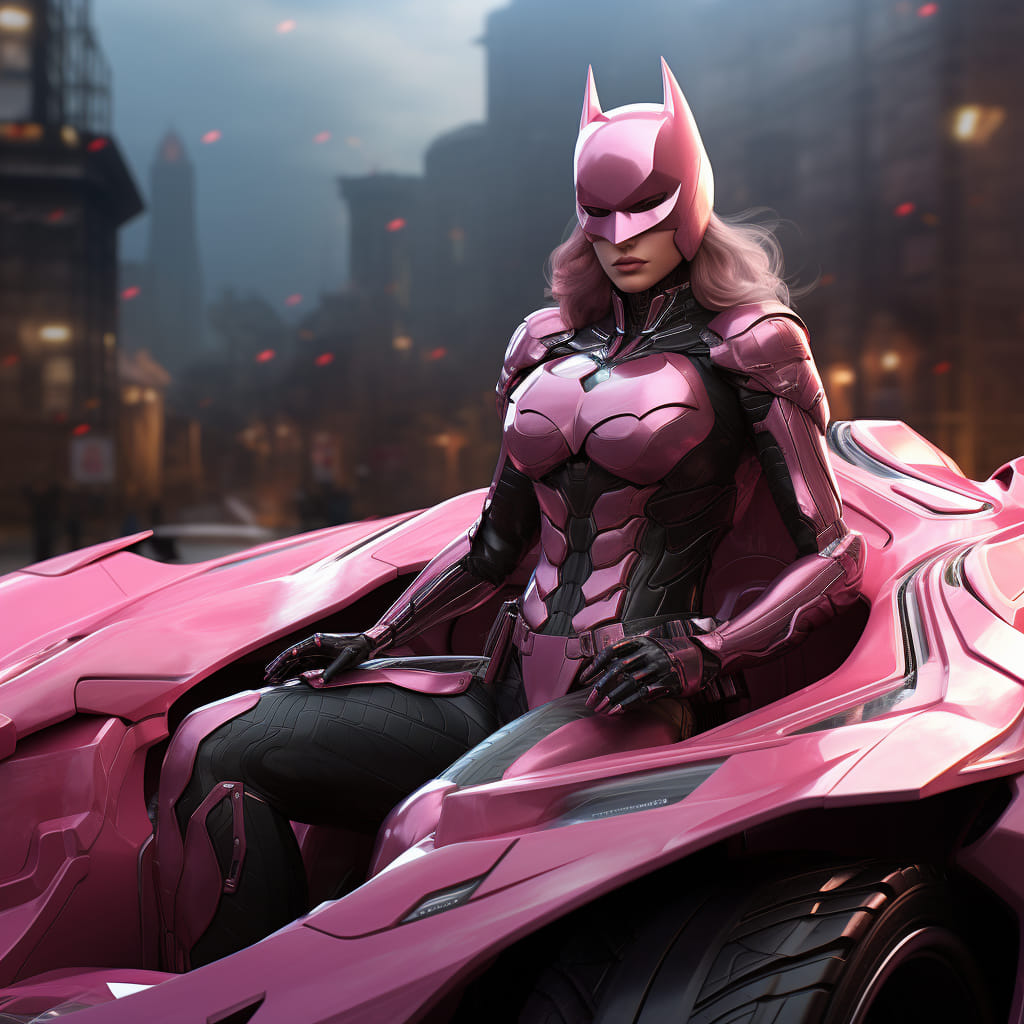 Bana nana nana nana barbie batgirl! Prompt: Batgirl in pink armor, pink batmobile in the city. Done on Midjourney AI v5.2 - movingworl.com