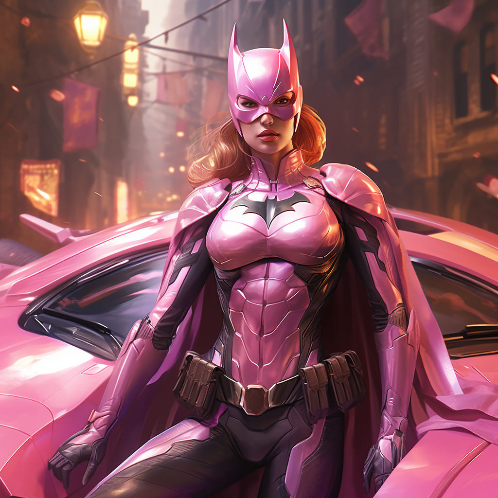 Bana nana nana nana barbie batgirl! Prompt: Batgirl in pink armor, pink batmobile in the city. Done on Midjourney AI v5.2 - movingworl.com