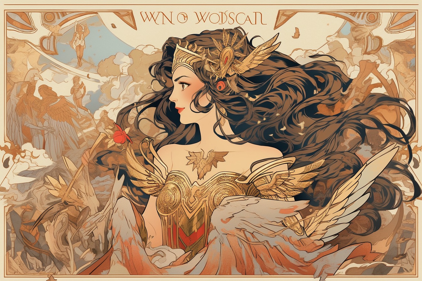 This imaginative poster brings Wonder Woman to life through Alphonse Mucha's distinctive art nouveau style. - movingworl.com