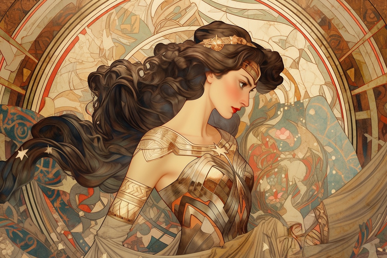 This imaginative poster brings Wonder Woman to life through Alphonse Mucha's distinctive art nouveau style. - movingworl.com