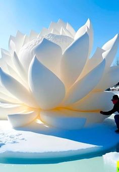 Giant Snow Lotus Blossoms Radiantly under a Snowy Sky.VoUyen