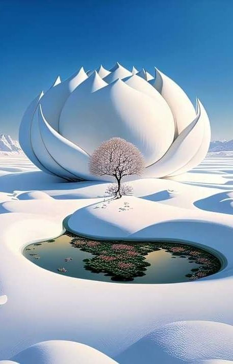 Giant Snow Lotus Blossoms Radiantly under a Snowy Sky.VoUyen