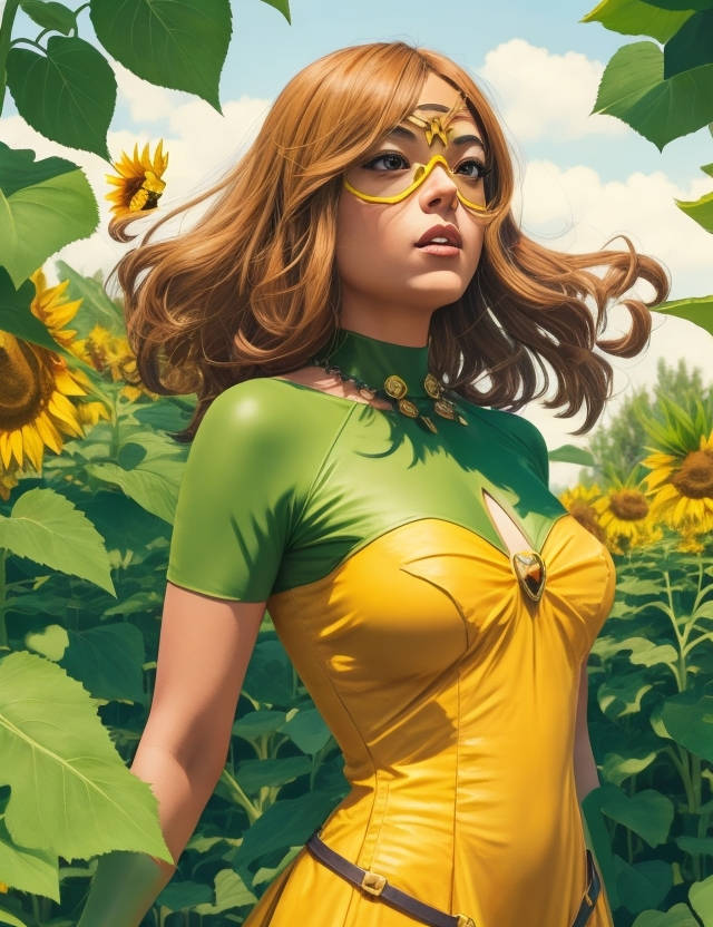 Se.xy female superhero in sunshine sunflower fashion - movingworl.com