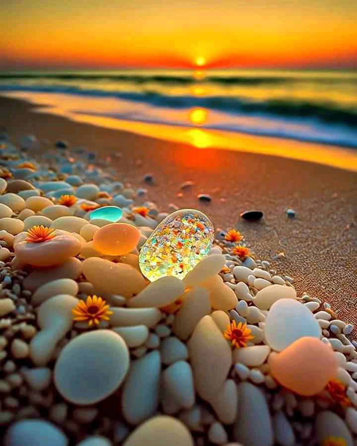 The Beauty of the Sunset Enhanced by Glowing Stones on the Beach - bumkeo