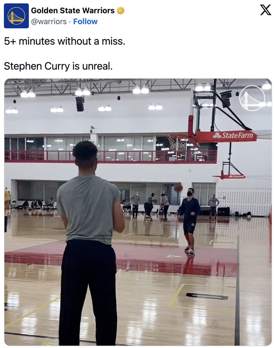 During practice, Steph Curry makes five 3-pointers in a row, which is "unreal."