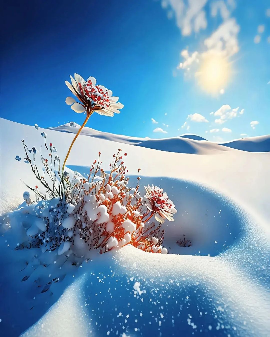 Blossoming Beauty amidst a Winter Wonderland: The Unyielding Nature of Flowers in Snow-Covered Forests - bumkeo