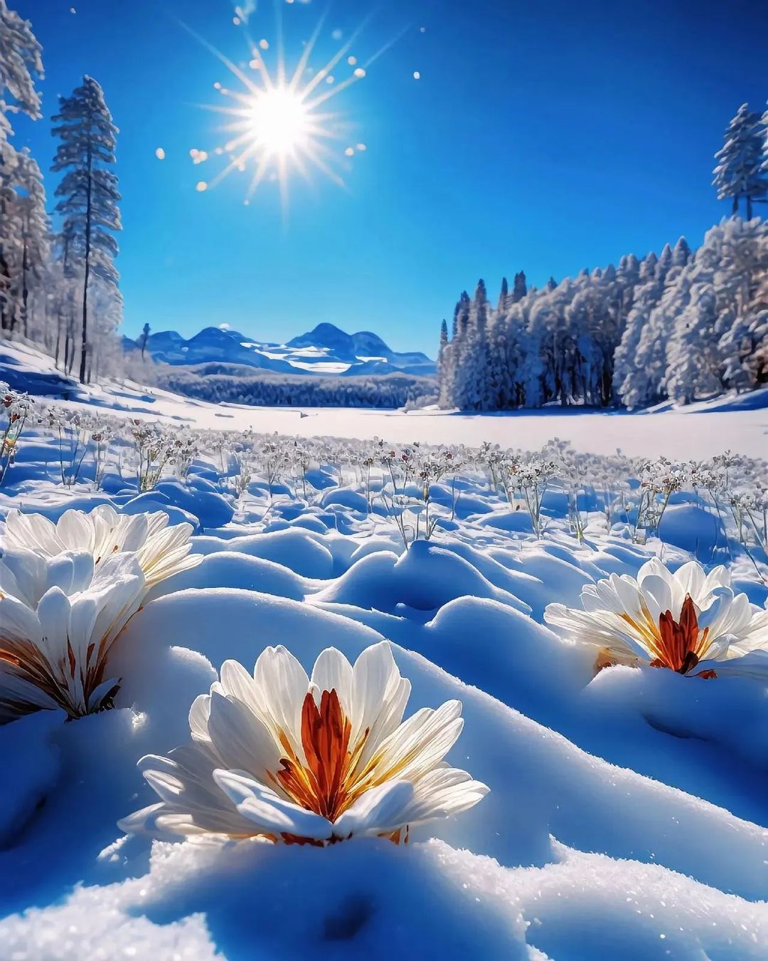 Blossoming Beauty amidst a Winter Wonderland: The Unyielding Nature of Flowers in Snow-Covered Forests - bumkeo