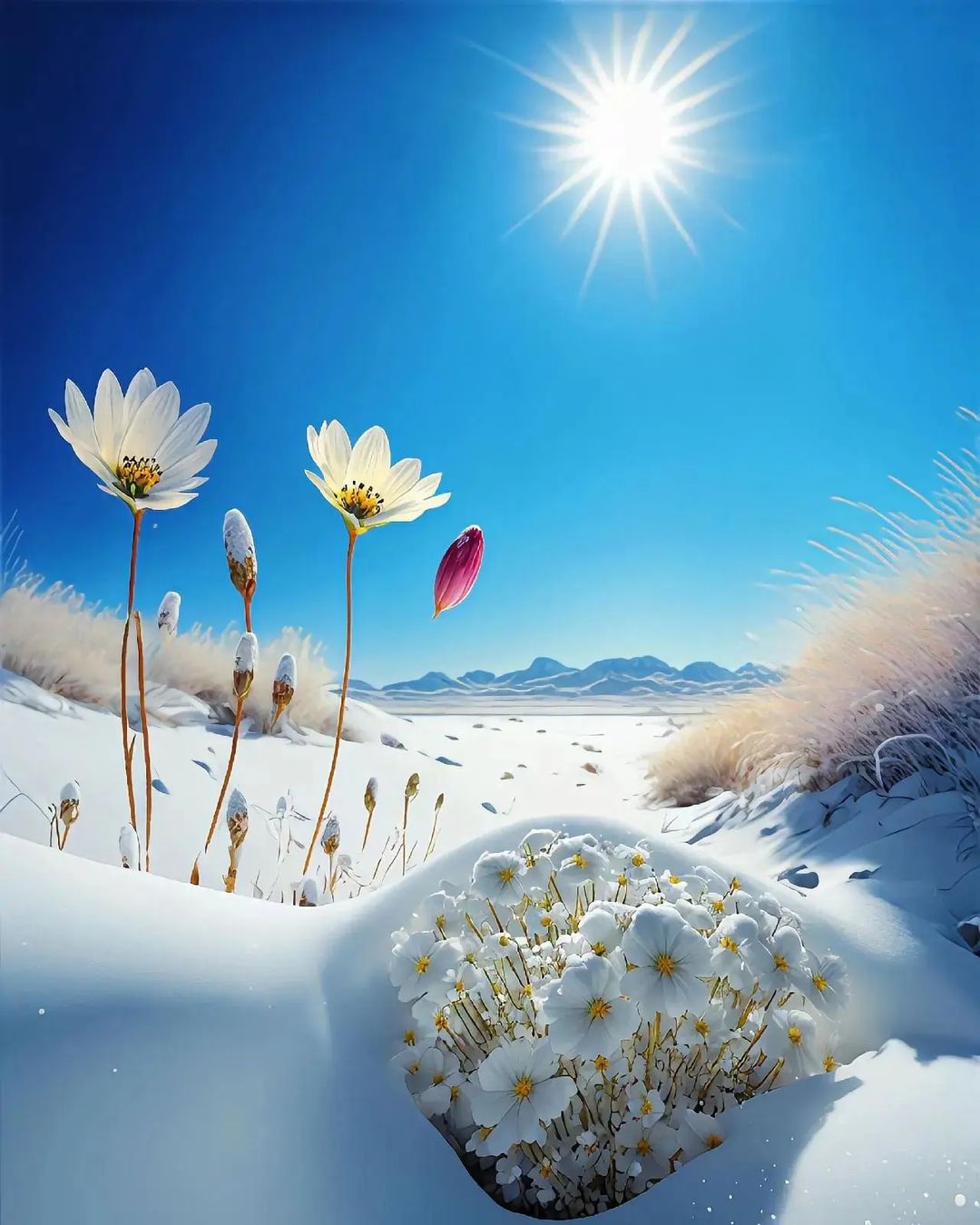 Blossoming Beauty amidst a Winter Wonderland: The Unyielding Nature of Flowers in Snow-Covered Forests - bumkeo