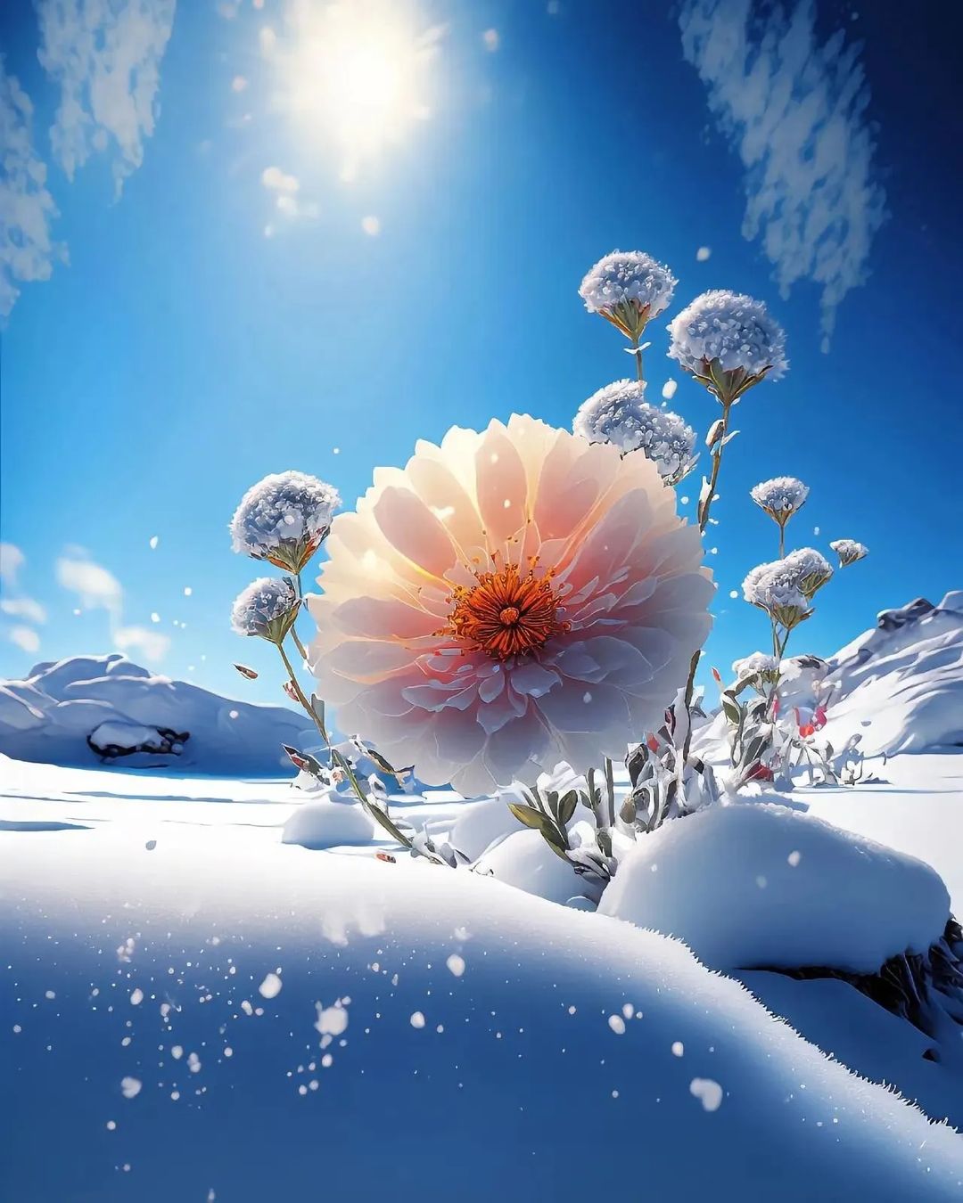 Blossoming Beauty amidst a Winter Wonderland: The Unyielding Nature of Flowers in Snow-Covered Forests - bumkeo