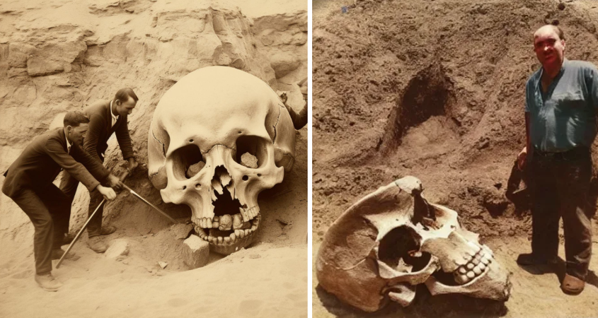 Archaeologists take pleasure in posing before a giant skull discovered in 1838. Do you believe in the existence of giants in Earth's history? - T-News