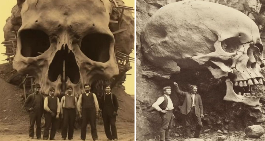 Archaeologists take pleasure in posing before a giant skull discovered in 1838. Do you believe in the existence of giants in Earth's history? - T-News