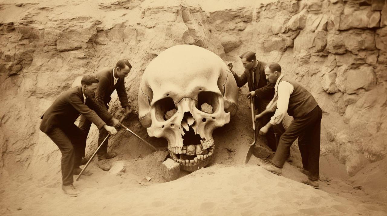 Archaeologists take pleasure in posing before a giant skull discovered in 1838. Do you believe in the existence of giants in Earth's history? - T-News