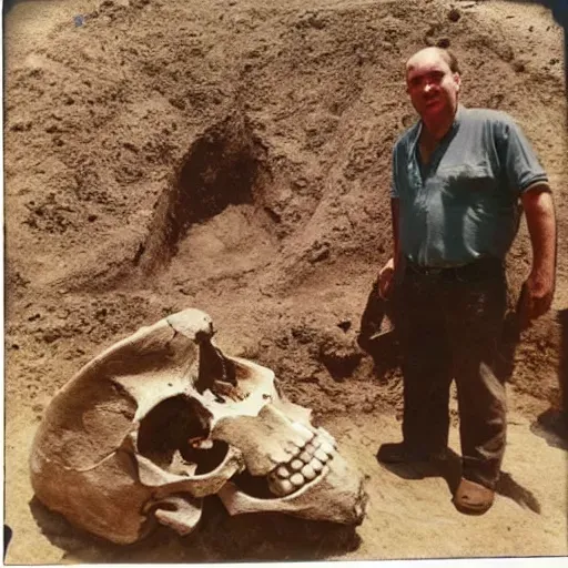 Archaeologists take pleasure in posing before a giant skull discovered in 1838. Do you believe in the existence of giants in Earth's history? - T-News