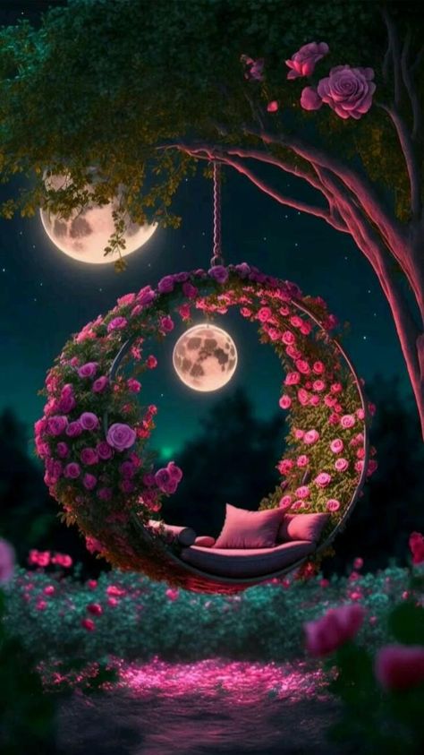 In the stillness of the night, a magical scene unfolds as the moonlight cascades through the rose garden, transforming it into an exquisite and artistic natural picture.vouyen