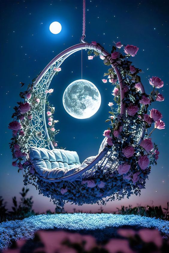 In the stillness of the night, a magical scene unfolds as the moonlight cascades through the rose garden, transforming it into an exquisite and artistic natural picture.vouyen