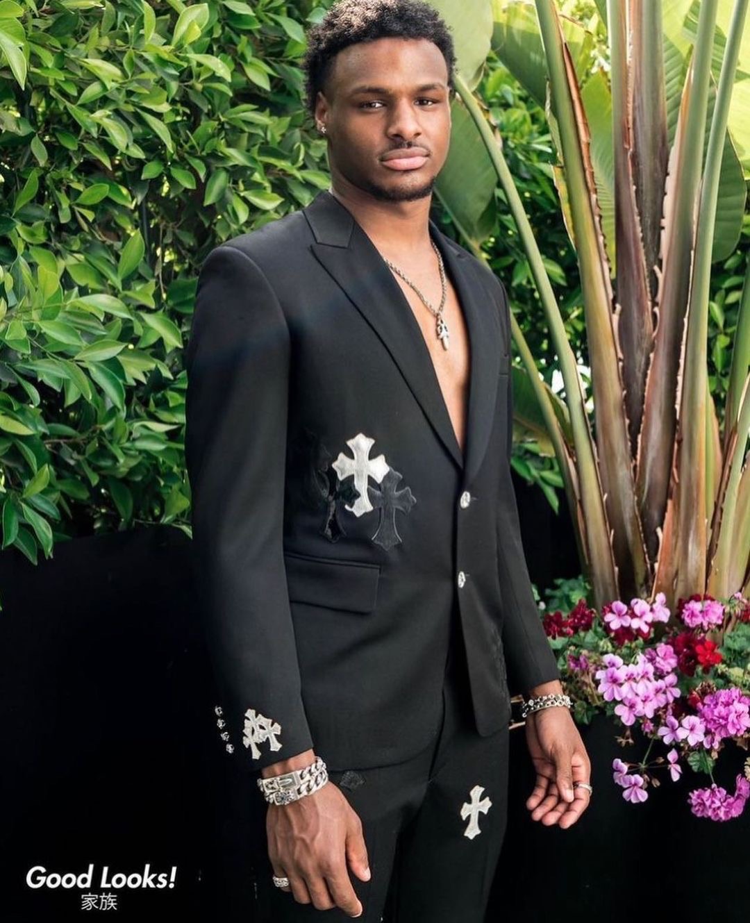 LeSon! Bronny James Wears a Dior Slip-On Shoe and a Custom Suit with Crossed Chrome Hearts for Prom