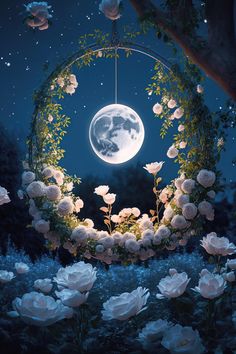 In the stillness of the night, a magical scene unfolds as the moonlight cascades through the rose garden, transforming it into an exquisite and artistic natural picture.vouyen