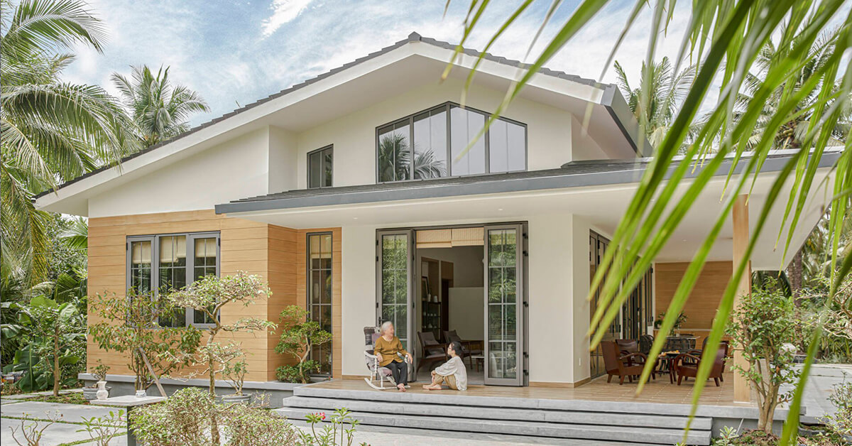 House in a simple garden, emphasizing a warm family space