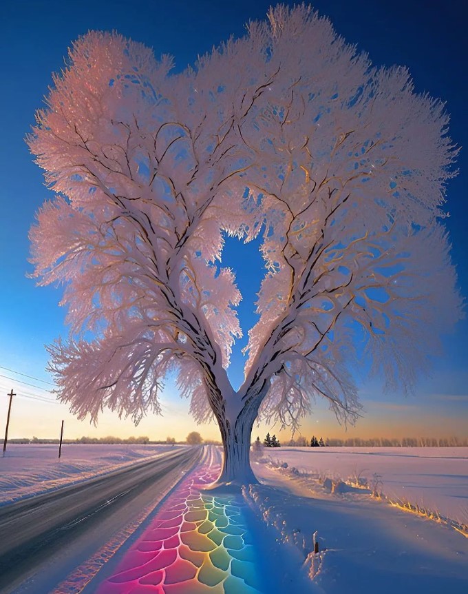 Nature's Serenade: Immerse Yourself in the Peaceful Solitude as Multicolored Tree Blossoms Dance Amidst a Rainbow Amidst a Snowstorm's Embrace