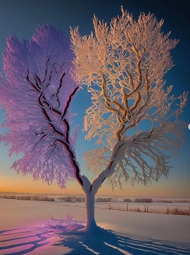 Nature's Serenade: Immerse Yourself in the Peaceful Solitude as Multicolored Tree Blossoms Dance Amidst a Rainbow Amidst a Snowstorm's Embrace