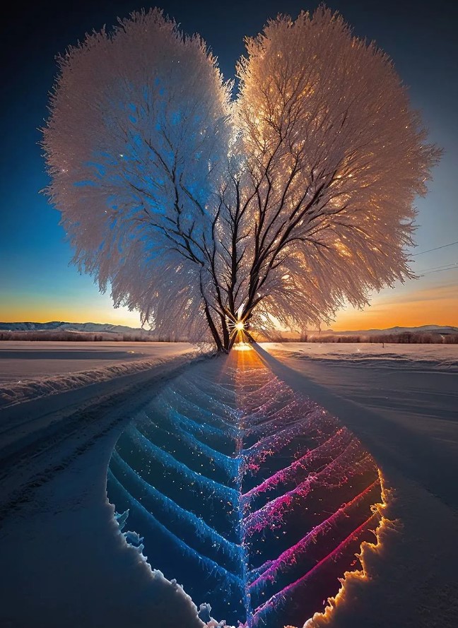 Nature's Serenade: Immerse Yourself in the Peaceful Solitude as Multicolored Tree Blossoms Dance Amidst a Rainbow Amidst a Snowstorm's Embrace