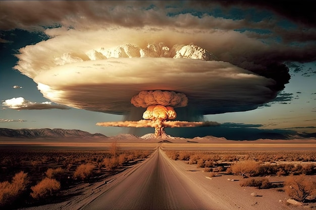 Premium AI Image | Giant mushroom cloud billowing over devastated landscape  after nuclear bomb has been detonated creat