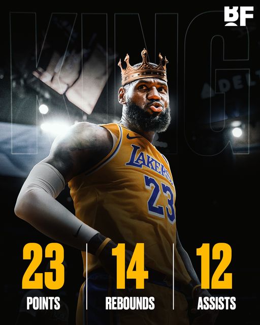 May be a graphic of 1 person, playing basketball, basketball jersey, crowd and text that says "BF LAKERS 23 POINTS 14 REBOUNDS 12 ASSISTS"