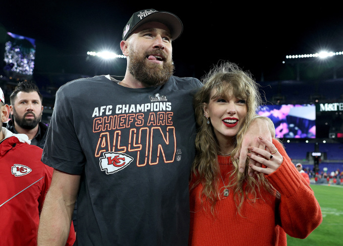 Travis Kelce #87 of the Kansas City Chiefs celebrates with Taylor Swift after a victory against the Baltimore Ravens in the AFC Championship Game at M&T Bank Stadium on Jan. 28, 2024. Photo by AFP