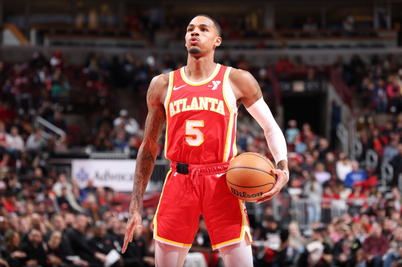 CHICAGO, IL - DECEMBER 26: Dejounte Murray #5 of the Atlanta Hawks prepares to shoot a free throw during the game against the Chicago Bulls on December 26, 2023 at United Center in Chicago, Illinois. NOTE TO USER: User expressly acknowledges and agrees that, by downloading and or using this photograph, User is consenting to the terms and conditions of the Getty Images License Agreement. Mandatory Copyright Notice: Copyright 2023 NBAE (Photo by Jeff Haynes/NBAE via Getty Images)