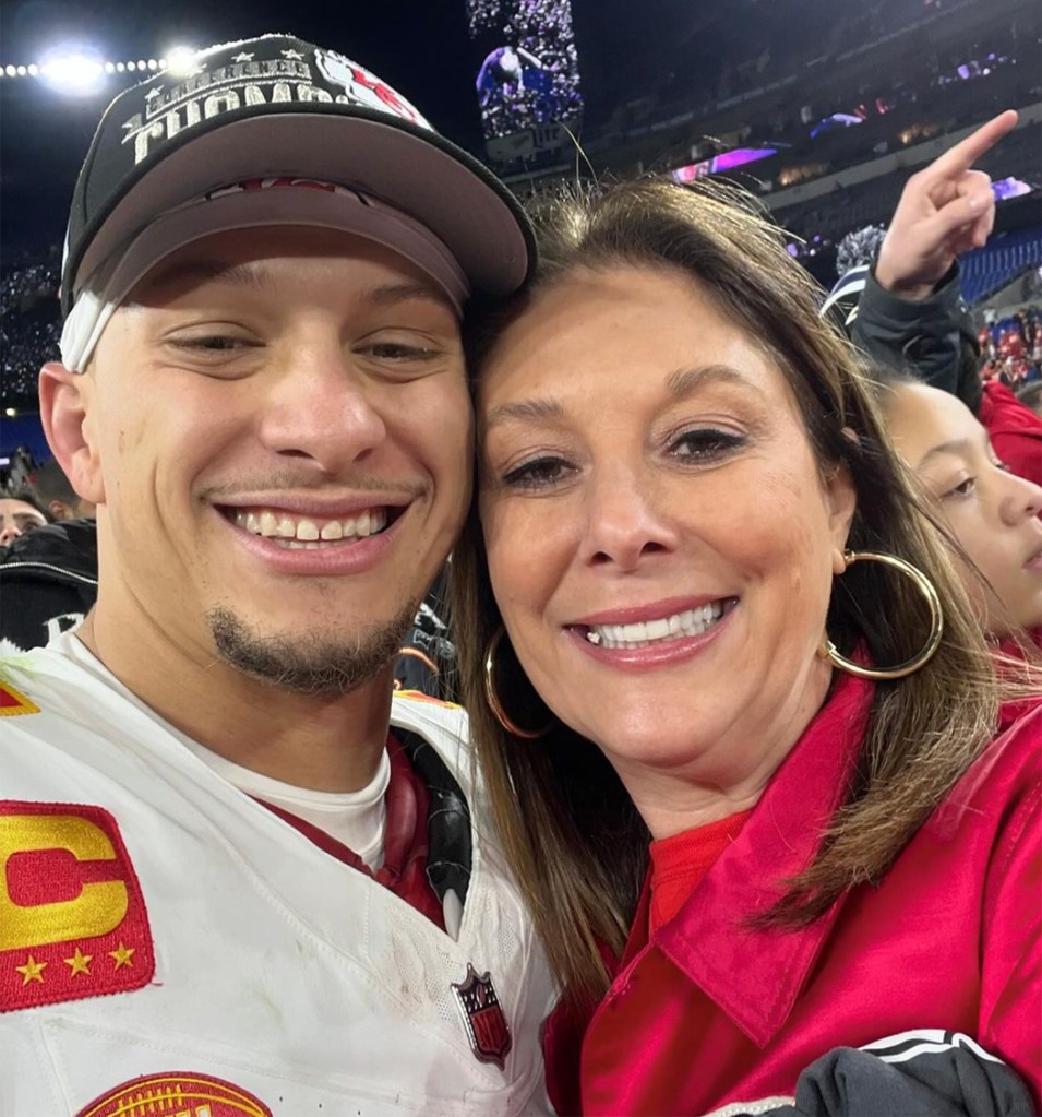 Patrick Mahoмes and Randi Mahoмes celebrate the Chiefs' win.