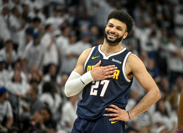 Jamal Murray (27) of the Denver Nuggets smiles as he...