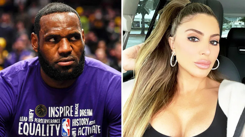 LeBron James (pictured left) looking frustrated on the sideline and Larsa Pippen (pictured right) posing.