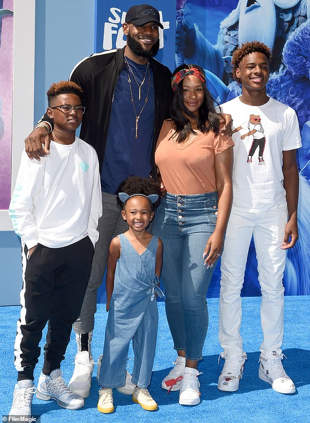 Home team: LeBron has enough for his own team, sharing sons LeBron Raymone Jr, Bryce Maximus, 13, and daughter Zhuri Nova, six, with high school sweetheart Savannah Brinson, 34, whom he married in September of 2013 (pictured in September, 2018)