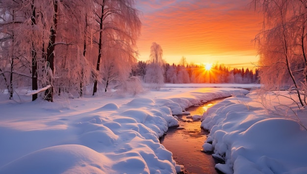 Beautiful winter landscape with snow covered trees and river at sunset