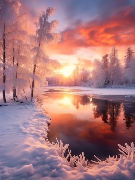 winter landscape with snow covered trees and a lake in the background